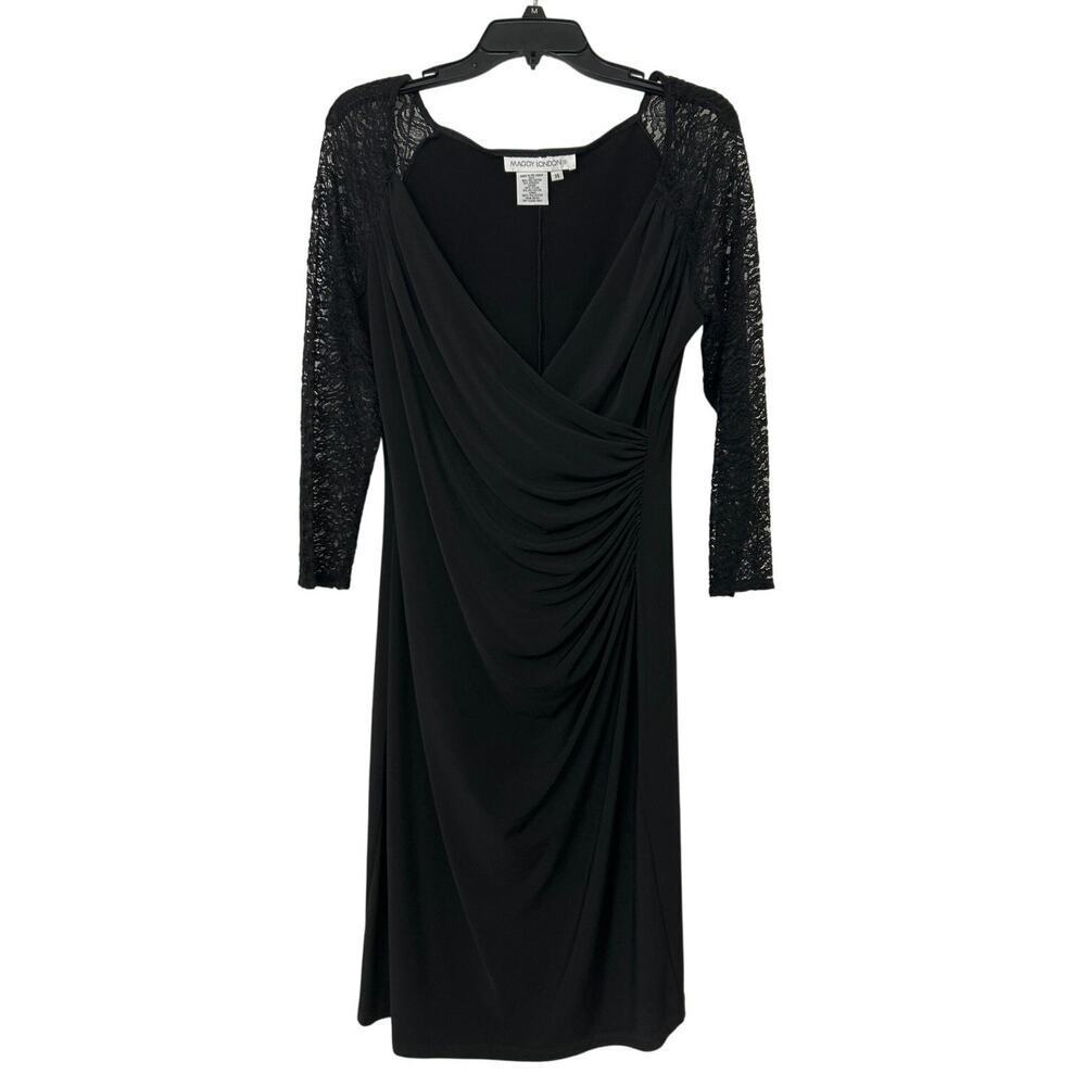 Maggy London Black Jersey Knit Ruched Fitted Crochet Lace V Neck Dress Size 12